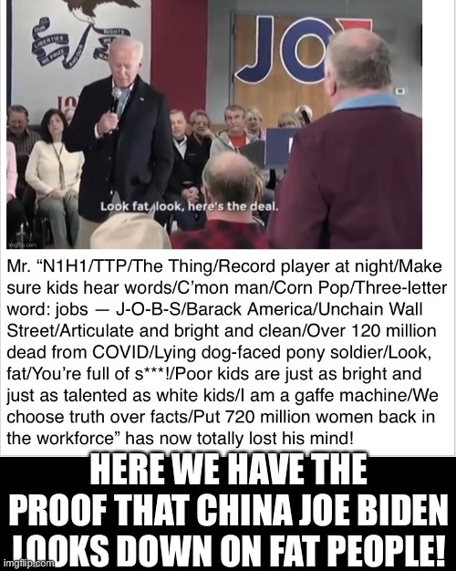 China Joe Biden looks down on fat people! | HERE WE HAVE THE PROOF THAT CHINA JOE BIDEN LOOKS DOWN ON FAT PEOPLE! | image tagged in joe biden,biden,creepy joe biden,democrat party,democratic socialism,election 2020 | made w/ Imgflip meme maker
