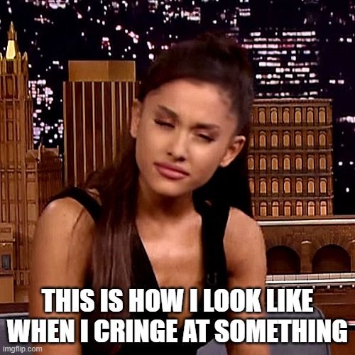 Me Reacting to Cringe | THIS IS HOW I LOOK LIKE WHEN I CRINGE AT SOMETHING | image tagged in ariana grande | made w/ Imgflip meme maker
