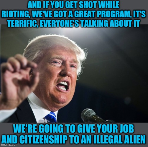 donald trump | AND IF YOU GET SHOT WHILE RIOTING, WE'VE GOT A GREAT PROGRAM, IT'S TERRIFIC, EVERYONE'S TALKING ABOUT IT WE'RE GOING TO GIVE YOUR JOB AND CI | image tagged in donald trump | made w/ Imgflip meme maker