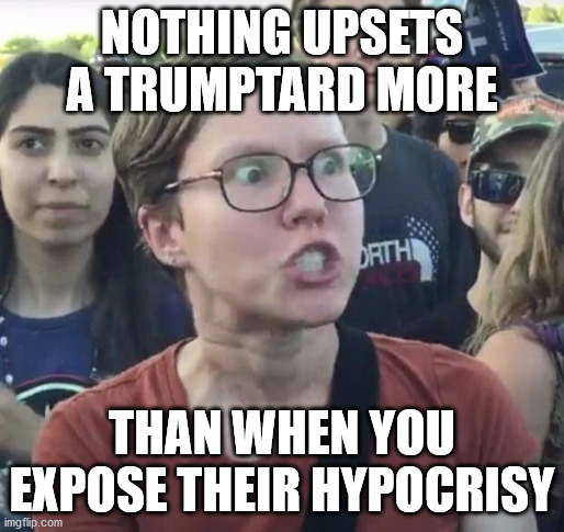 Triggered feminist | NOTHING UPSETS A TRUMPTARD MORE THAN WHEN YOU EXPOSE THEIR HYPOCRISY | image tagged in triggered feminist | made w/ Imgflip meme maker