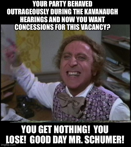 Nothing! | YOUR PARTY BEHAVED OUTRAGEOUSLY DURING THE KAVANAUGH HEARINGS AND NOW YOU WANT CONCESSIONS FOR THIS VACANCY? YOU GET NOTHING!  YOU LOSE!  GOOD DAY MR. SCHUMER! | image tagged in you get nothing you lose good day sir | made w/ Imgflip meme maker