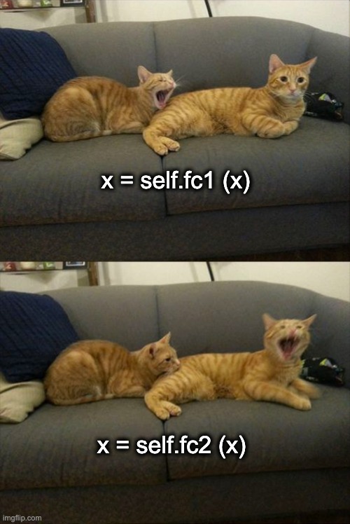 Now think about backward pass! | x = self.fc1 (x); x = self.fc2 (x) | image tagged in cat bites cat | made w/ Imgflip meme maker