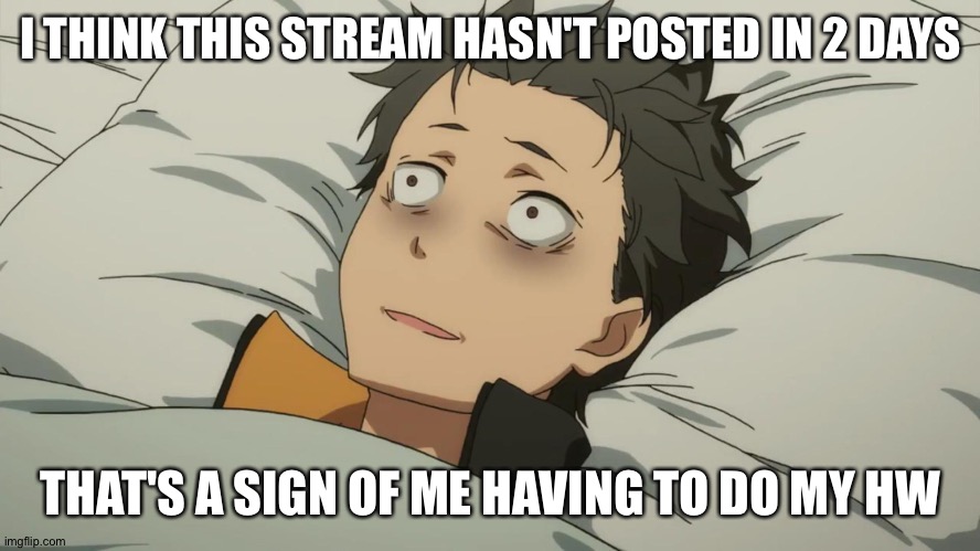 Ooof | I THINK THIS STREAM HASN'T POSTED IN 2 DAYS; THAT'S A SIGN OF ME HAVING TO DO MY HW | image tagged in re zero subaru | made w/ Imgflip meme maker