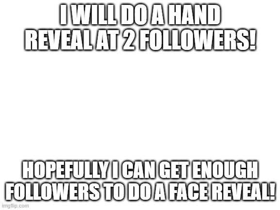 Hand Reveal | I WILL DO A HAND REVEAL AT 2 FOLLOWERS! HOPEFULLY I CAN GET ENOUGH FOLLOWERS TO DO A FACE REVEAL! | image tagged in blank white template | made w/ Imgflip meme maker