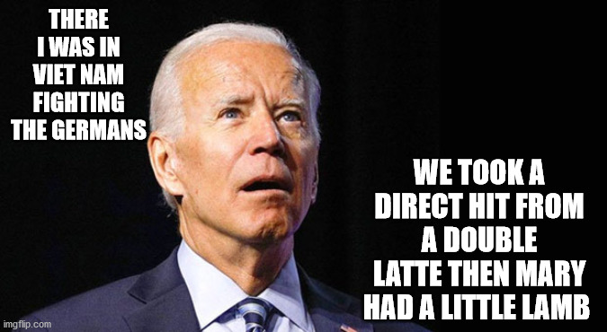 Confused joe biden | THERE I WAS IN VIET NAM FIGHTING THE GERMANS; WE TOOK A DIRECT HIT FROM A DOUBLE LATTE THEN MARY HAD A LITTLE LAMB | image tagged in confused joe biden,dementia joe | made w/ Imgflip meme maker