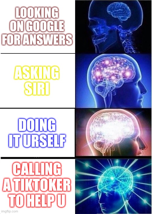 Expanding Brain | LOOKING ON GOOGLE FOR ANSWERS; ASKING SIRI; DOING IT URSELF; CALLING A TIKTOKER TO HELP U | image tagged in memes,expanding brain | made w/ Imgflip meme maker