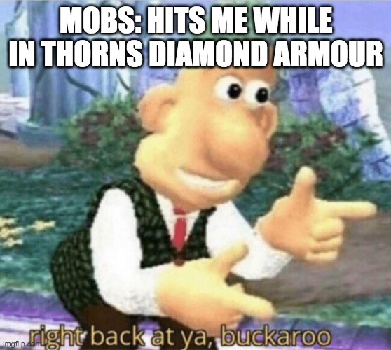 right back at ya buckaroo | MOBS: HITS ME WHILE IN THORNS DIAMOND ARMOUR | image tagged in right back at ya buckaroo | made w/ Imgflip meme maker