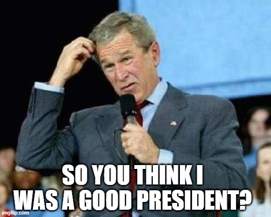 Confused Bush | SO YOU THINK I WAS A GOOD PRESIDENT? | image tagged in confused bush | made w/ Imgflip meme maker