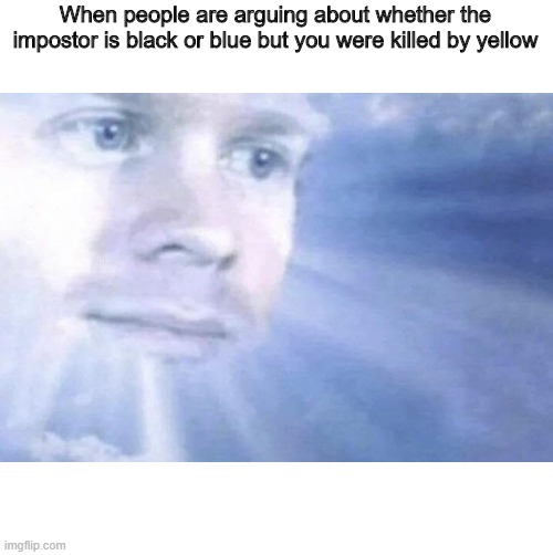 White Guy staring from the sky | When people are arguing about whether the impostor is black or blue but you were killed by yellow | image tagged in white guy staring from the sky | made w/ Imgflip meme maker