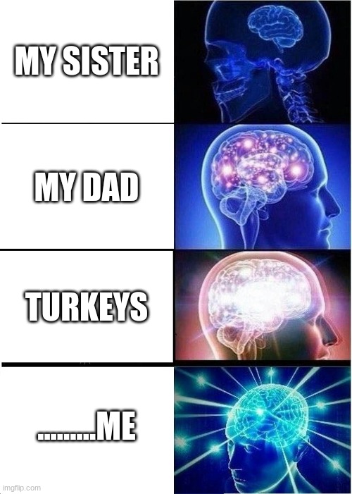 Expanding Brain | MY SISTER; MY DAD; TURKEYS; .........ME | image tagged in memes,expanding brain | made w/ Imgflip meme maker