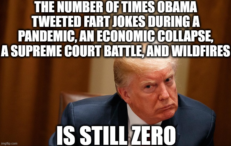 Trump's presidency is one long, unfunny fart joke. | THE NUMBER OF TIMES OBAMA TWEETED FART JOKES DURING A PANDEMIC, AN ECONOMIC COLLAPSE, A SUPREME COURT BATTLE, AND WILDFIRES; IS STILL ZERO | image tagged in donald trump,fart,covid-19,barack obama,election 2020,fail | made w/ Imgflip meme maker