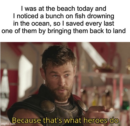 That’s what heroes do | I was at the beach today and I noticed a bunch on fish drowning in the ocean, so I saved every last one of them by bringing them back to land | image tagged in that s what heroes do | made w/ Imgflip meme maker