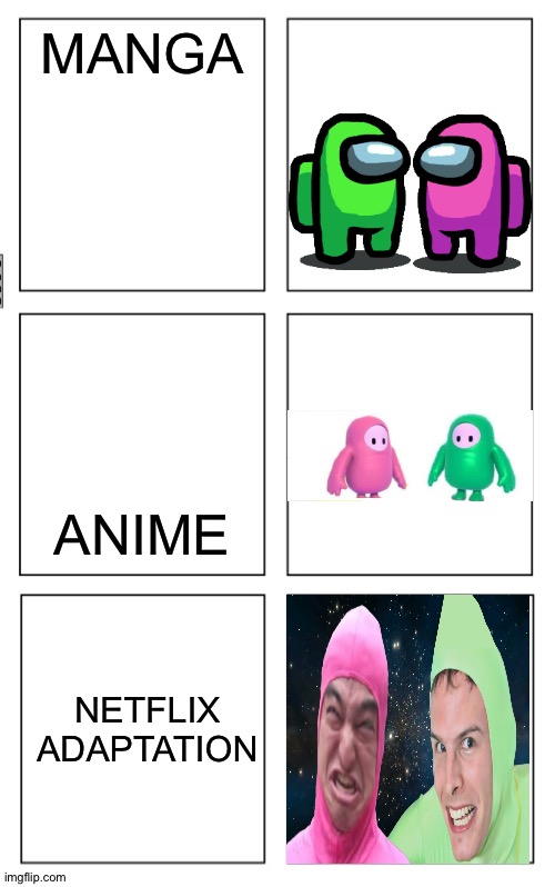Netflix b like | MANGA; ANIME; NETFLIX ADAPTATION | image tagged in 6 panels | made w/ Imgflip meme maker