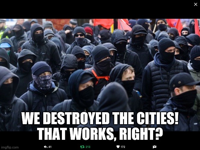 Antifa | WE DESTROYED THE CITIES!

THAT WORKS, RIGHT? | image tagged in antifa | made w/ Imgflip meme maker
