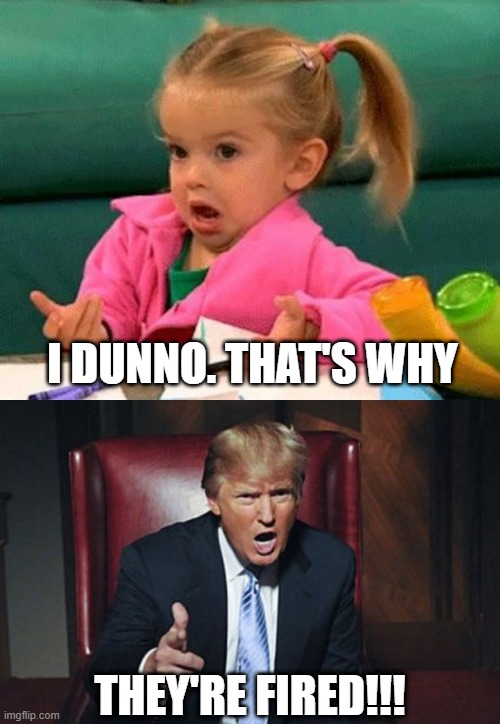 THEY'RE FIRED!!! I DUNNO. THAT'S WHY | image tagged in i don't know good luck charlie,donald trump you're fired | made w/ Imgflip meme maker