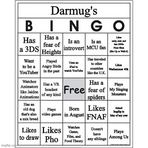 Here's my bingo board | Darmug's; Has a 3DS; Is an introvert; Has a fear of Heights; Likes early, mid, and late 2000s Pixar films (like Up or Wall-E); Is an MCU fan; Played Angry Birds in the past; Has traveled to other countries like the U.K. Want to be a YouTuber; Uses an iPad to watch YouTube; Likes Warhammer 40k; Free; Has a VR headset of any kind; Watches Animators like Jaiden Animations; Plays My Singing Monsters; Has a fear of spiders; Born in August; Joined Imgflip in May of any year; Likes FNAF; Plays video games; Has an old dog that's also a mix breed; Likes to draw; Likes Pho; Watches Game, Film, and Food Theory; Plays Among Us; Doesn't have any siblings | image tagged in blank bingo card | made w/ Imgflip meme maker