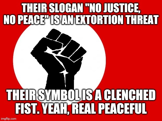 Black lives matter | THEIR SLOGAN "NO JUSTICE, NO PEACE" IS AN EXTORTION THREAT; THEIR SYMBOL IS A CLENCHED FIST. YEAH, REAL PEACEFUL | image tagged in black lives matter | made w/ Imgflip meme maker