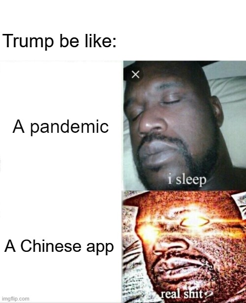 Trump be like: | Trump be like:; A pandemic; A Chinese app | image tagged in memes,sleeping shaq | made w/ Imgflip meme maker