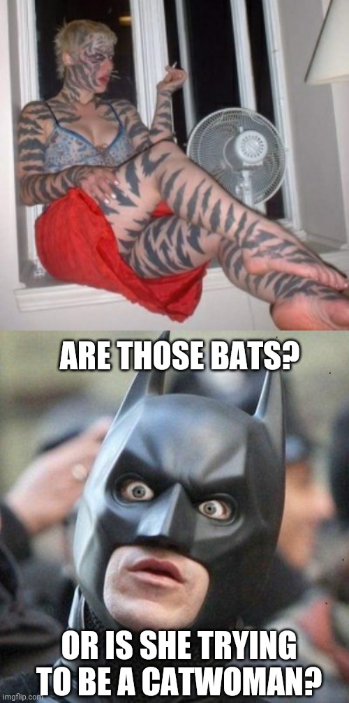 SHE WANTS TO BE A TIGER | ARE THOSE BATS? OR IS SHE TRYING TO BE A CATWOMAN? | image tagged in shocked batman,tattoos,bad tattoos | made w/ Imgflip meme maker
