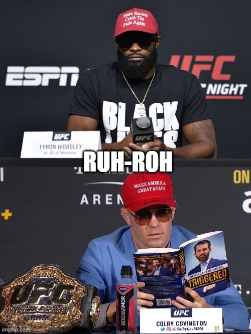 the ultimate fighting championship | RUH-ROH | image tagged in ufc,colby,covington,tyron,woodley,fight | made w/ Imgflip meme maker