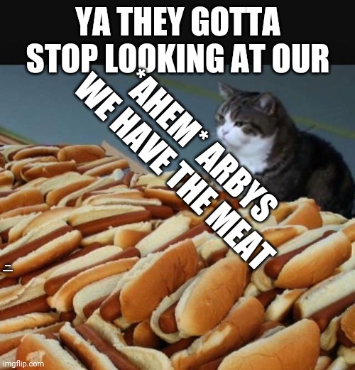 Cat hotdogs | YA THEY GOTTA STOP LOOKING AT OUR *AHEM* ARBYS WE HAVE THE MEAT IN THE BATHROOM | image tagged in cat hotdogs | made w/ Imgflip meme maker