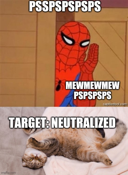 PSSPSPSPSPS MEWMEWMEW PSPSPSPS TARGET: NEUTRALIZED | image tagged in spiderman psst | made w/ Imgflip meme maker