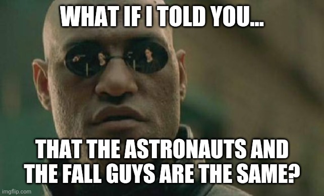 Matrix Morpheus Meme | WHAT IF I TOLD YOU... THAT THE ASTRONAUTS AND THE FALL GUYS ARE THE SAME? | image tagged in memes,matrix morpheus | made w/ Imgflip meme maker