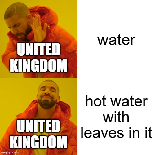 United Kingdom's logic | water; UNITED KINGDOM; hot water with leaves in it; UNITED KINGDOM | image tagged in memes,drake hotline bling,united kingdom,united kingdom's logic | made w/ Imgflip meme maker