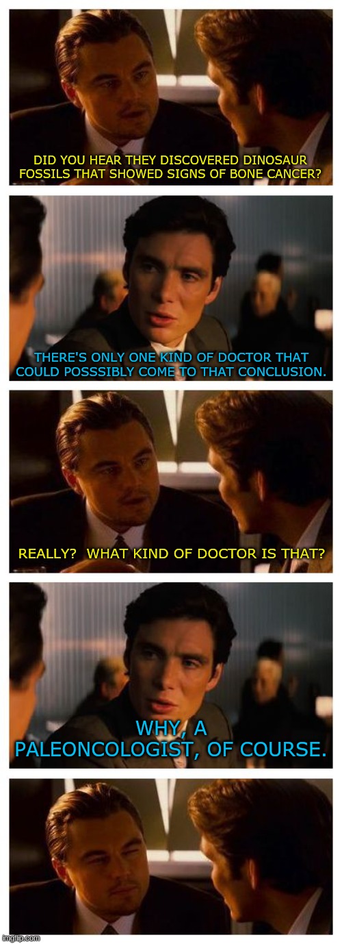 A Highly Specialized Field of Medicine | DID YOU HEAR THEY DISCOVERED DINOSAUR FOSSILS THAT SHOWED SIGNS OF BONE CANCER? THERE'S ONLY ONE KIND OF DOCTOR THAT COULD POSSSIBLY COME TO THAT CONCLUSION. REALLY?  WHAT KIND OF DOCTOR IS THAT? WHY, A PALEONCOLOGIST, OF COURSE. | image tagged in leonardo inception extended | made w/ Imgflip meme maker