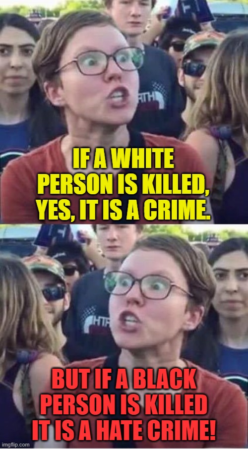 Angry Liberal Hypocrite | IF A WHITE PERSON IS KILLED, YES, IT IS A CRIME. BUT IF A BLACK PERSON IS KILLED IT IS A HATE CRIME! | image tagged in angry liberal hypocrite | made w/ Imgflip meme maker