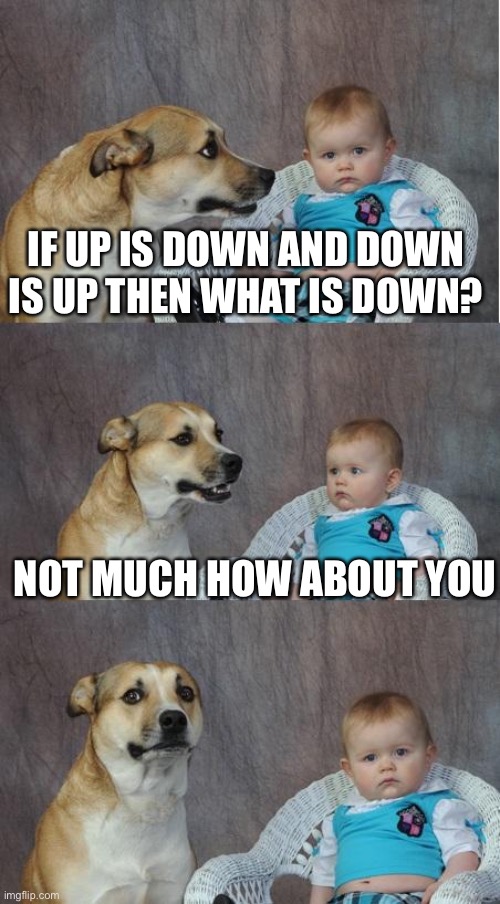 Get it get it | IF UP IS DOWN AND DOWN IS UP THEN WHAT IS DOWN? NOT MUCH HOW ABOUT YOU | image tagged in bad joke dog | made w/ Imgflip meme maker