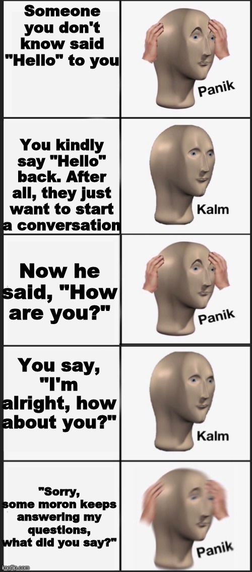 This is probably why you became an introvert | Someone you don't know said "Hello" to you; You kindly say "Hello" back. After all, they just want to start a conversation; Now he said, "How are you?"; You say, "I'm alright, how about you?"; "Sorry, some moron keeps answering my questions, what did you say?" | image tagged in memes,panik kalm panik | made w/ Imgflip meme maker
