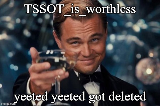 I'm 93% certain they'll be back though | TSSOT_is_worthless; yeeted yeeted got deleted | image tagged in memes,leonardo dicaprio cheers | made w/ Imgflip meme maker