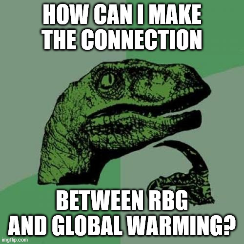 Philosoraptor | HOW CAN I MAKE THE CONNECTION; BETWEEN RBG AND GLOBAL WARMING? | image tagged in memes,philosoraptor | made w/ Imgflip meme maker