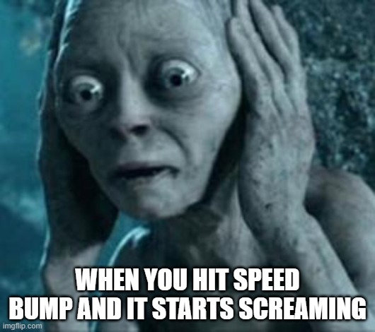 Scared Gollum | WHEN YOU HIT SPEED BUMP AND IT STARTS SCREAMING | image tagged in scared gollum | made w/ Imgflip meme maker