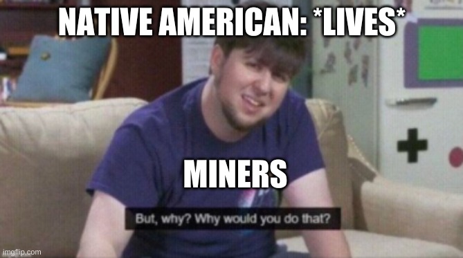 sad | NATIVE AMERICAN: *LIVES*; MINERS | image tagged in why | made w/ Imgflip meme maker