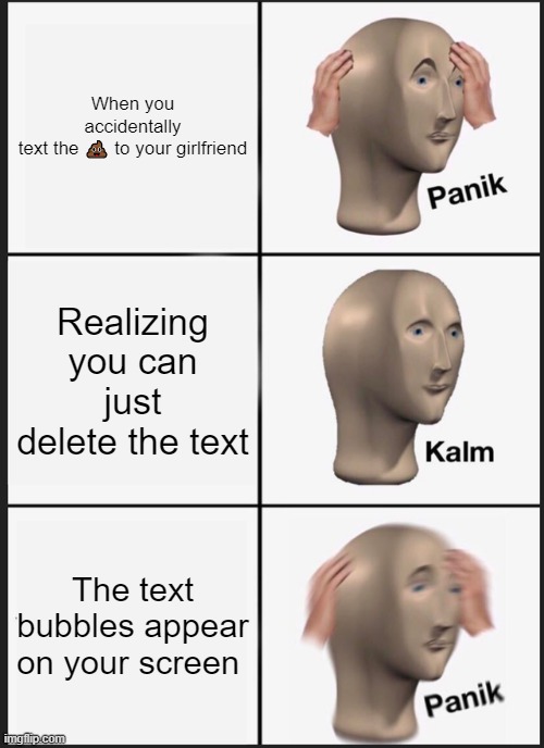 Panik Kalm Panik | When you accidentally text the 💩 to your girlfriend; Realizing you can just delete the text; The text bubbles appear on your screen | image tagged in memes,panik kalm panik | made w/ Imgflip meme maker