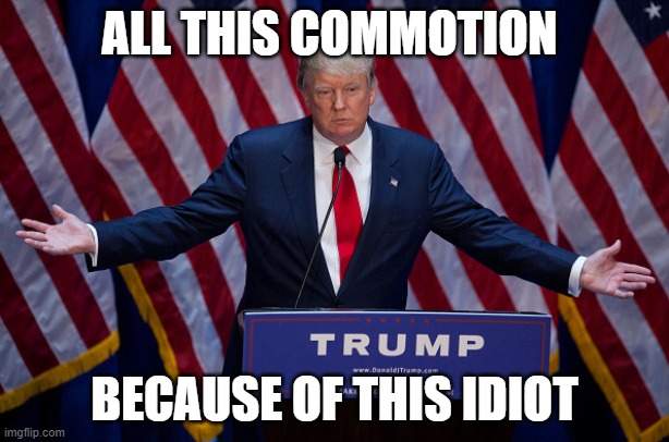 This idiot | ALL THIS COMMOTION; BECAUSE OF THIS IDIOT | image tagged in politics,funny,memes,idiot,stupid | made w/ Imgflip meme maker