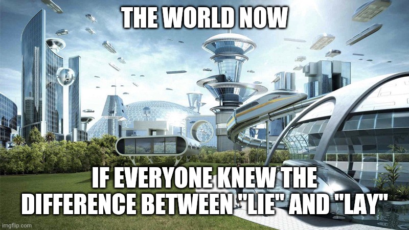 Semantics | THE WORLD NOW; IF EVERYONE KNEW THE DIFFERENCE BETWEEN "LIE" AND "LAY" | image tagged in the future world if,grammar,language,english | made w/ Imgflip meme maker