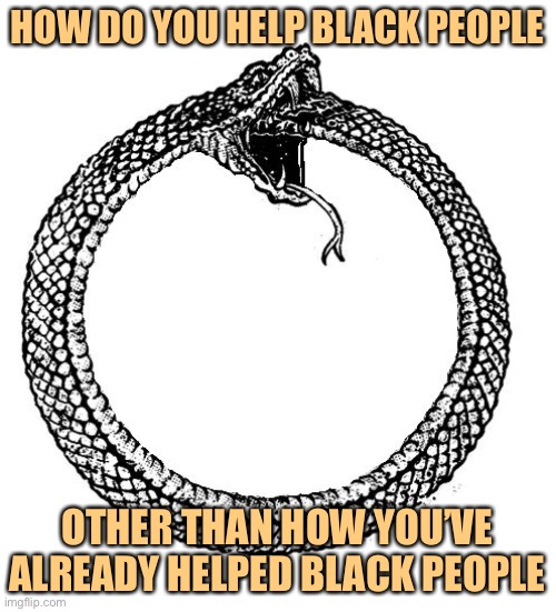 There’s always something more you can do, but this is the wrong outlook on evaluating contributions to the black community | HOW DO YOU HELP BLACK PEOPLE; OTHER THAN HOW YOU’VE ALREADY HELPED BLACK PEOPLE | image tagged in ouroboros,black people,white privilege,conservative logic,no racism,racism | made w/ Imgflip meme maker
