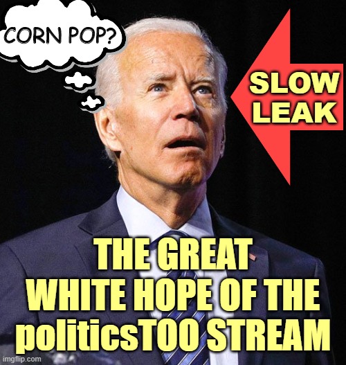 The first debate is in about a week and Joe Biden is roadkill. | CORN POP? SLOW
LEAK; THE GREAT WHITE HOPE OF THE politicsTOO STREAM | image tagged in joe biden,donald trump,election 2020,democrats | made w/ Imgflip meme maker