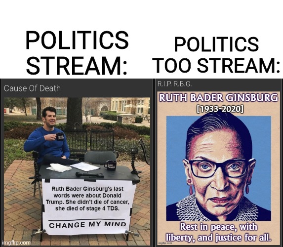 Top posts for both streams. The difference is like day and night. | POLITICS TOO STREAM:; POLITICS STREAM: | image tagged in blank white template,ruth bader ginsburg,rip | made w/ Imgflip meme maker