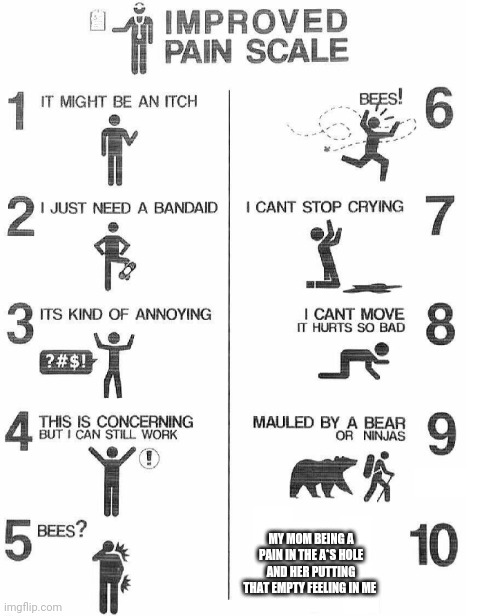 Improved Pain Scale | MY MOM BEING A PAIN IN THE A*S HOLE AND HER PUTTING THAT EMPTY FEELING IN ME | image tagged in improved pain scale | made w/ Imgflip meme maker