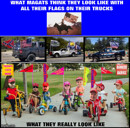 image tagged in trump supporters,trucks,tricycles,big babies,clown car republicans,flags | made w/ Imgflip meme maker