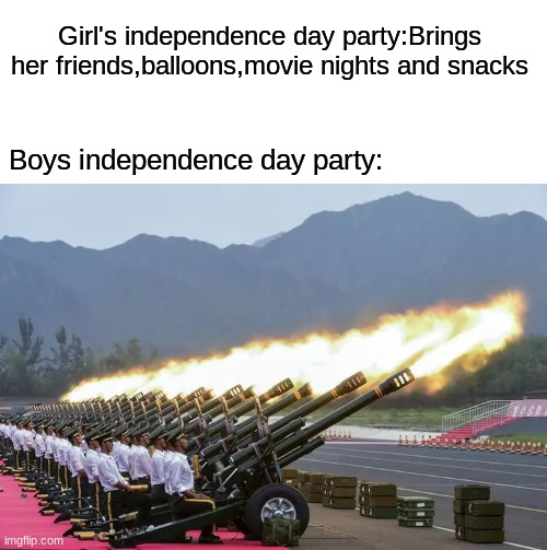 Girl's independence day party:Brings her friends,balloons,movie nights and snacks; Boys independence day party: | image tagged in memes,boys vs girls | made w/ Imgflip meme maker