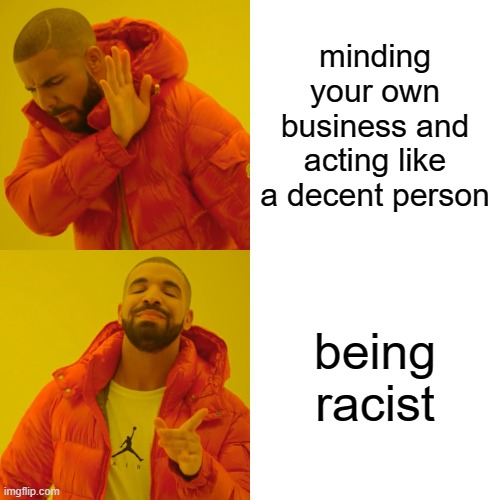 Drake Hotline Bling Meme | minding your own business and acting like a decent person; being racist | image tagged in memes,drake hotline bling | made w/ Imgflip meme maker