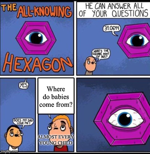 all knowing hexagon | Where do babies come from? ALMOST EVERY YOUNG CHILD | image tagged in all knowing hexagon | made w/ Imgflip meme maker