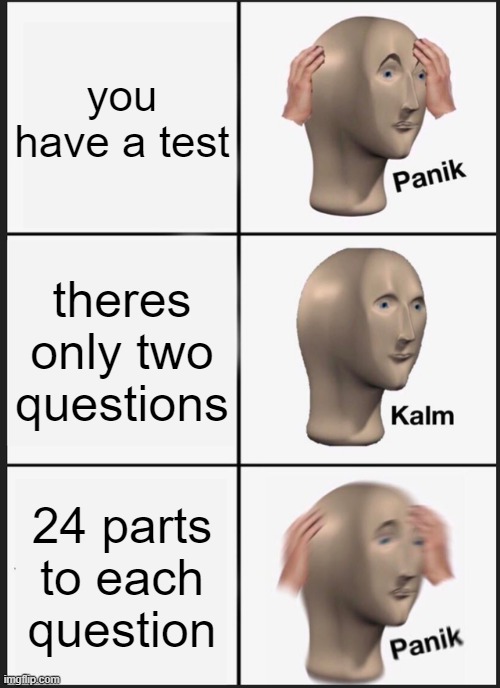 test | you have a test; theres only two questions; 24 parts to each question | image tagged in memes,panik kalm panik | made w/ Imgflip meme maker