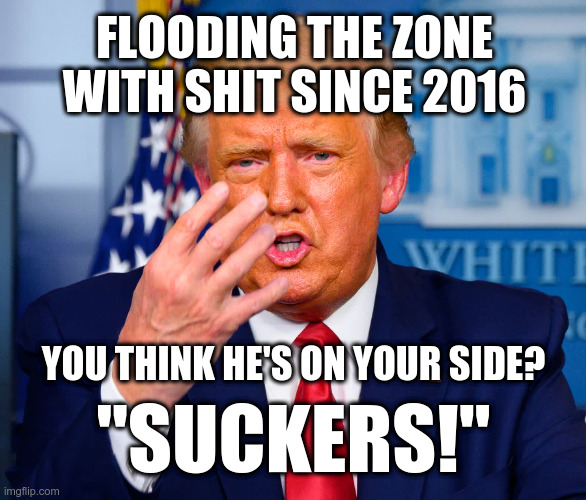 Suckers! | FLOODING THE ZONE WITH SHIT SINCE 2016; YOU THINK HE'S ON YOUR SIDE? "SUCKERS!" | image tagged in trump,con man | made w/ Imgflip meme maker