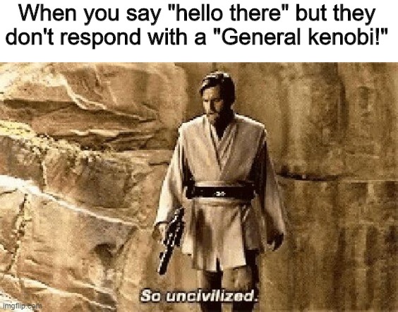 star wars prequel meme so uncivilised | When you say "hello there" but they don't respond with a "General kenobi!" | image tagged in star wars prequel meme so uncivilised | made w/ Imgflip meme maker
